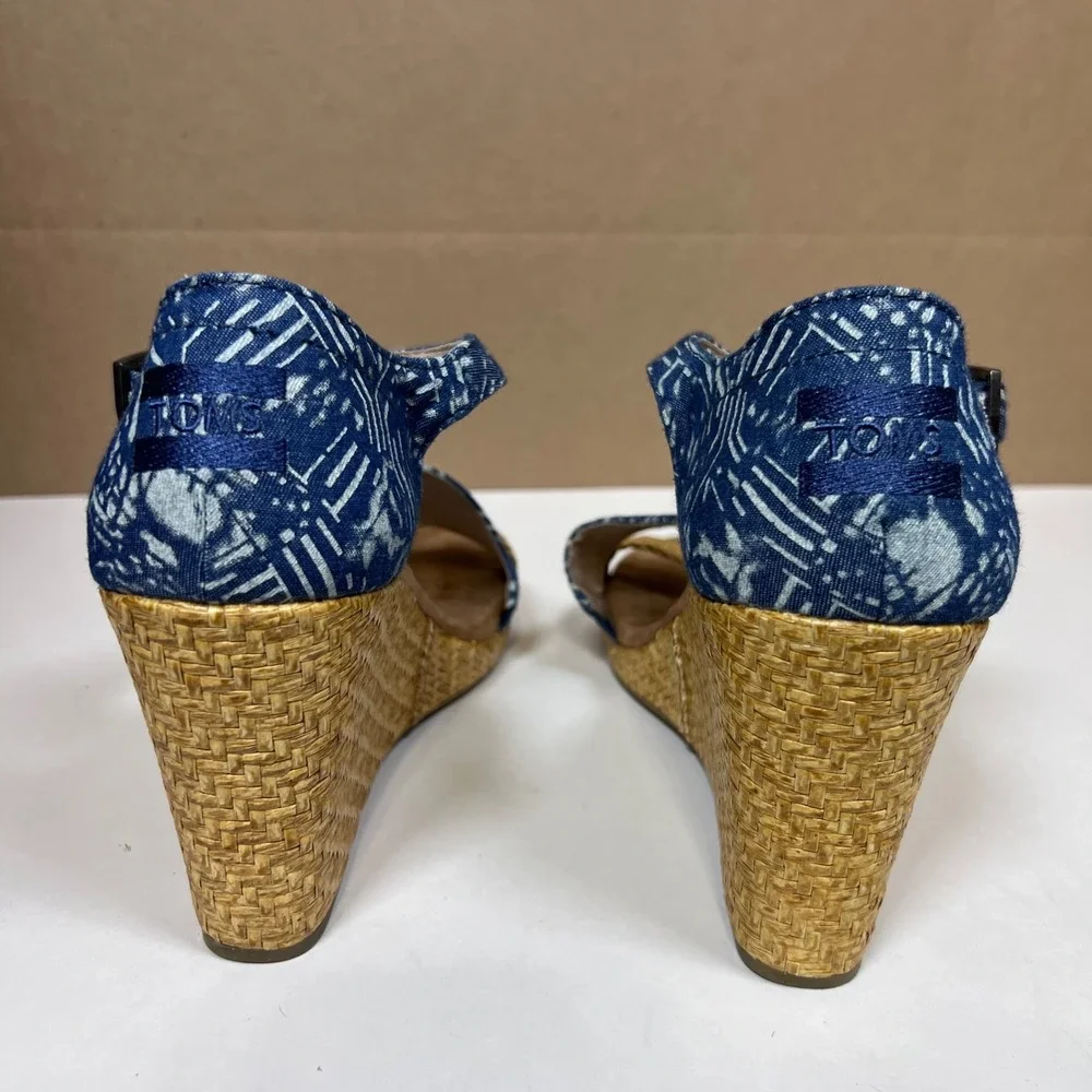 TOMS Blue Geometric Print Woven Straw Wedge Sandals‎ Womens 9.5